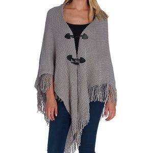 Gray Toggle-Front Fringe Poncho